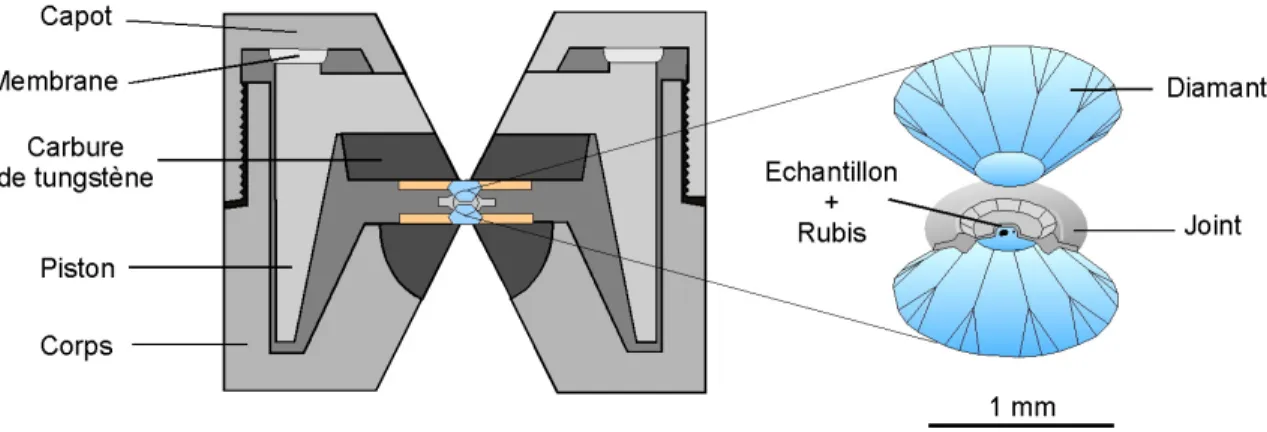 Figure 2.1 – Schéma d'une cellule à enclumes de diamant de type &#34;Chervin&#34; et détail du chargement expérimental (d'après Chervin et al., 1995)