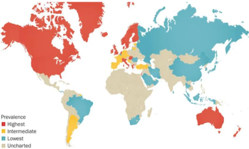 Figure 13. The worldwide prevalence of IBD in 2015. Extracted from (Kaplan, 2015) 