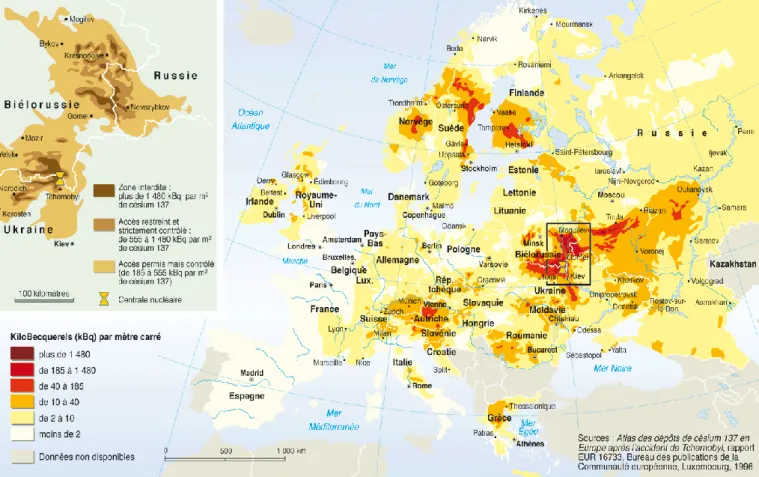 Figure 10 Carte des dépôts de césium 137 en Europe après l'accident de Tchernobyl