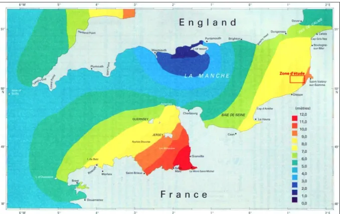 Figure I.20 : Carte des marnages en Manche en vive-eau moyenne issue du modèle Télémac (EDF-DRD,  in SHOM, 2000)