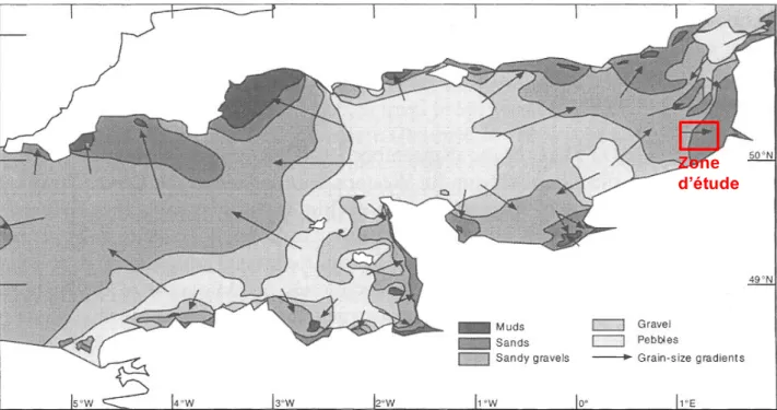 Figure  I.26  :  Répartition  des  sédiments  superficiels  en  Manche  et  gradients  d’affinement  sédimentaires  (Larsonneur et al., 1978)