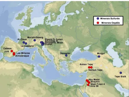 Figure 8: Carte des sites chalcolithiques de métallurgie extractive du cuivre, d’après [Bourgarit, 2007]