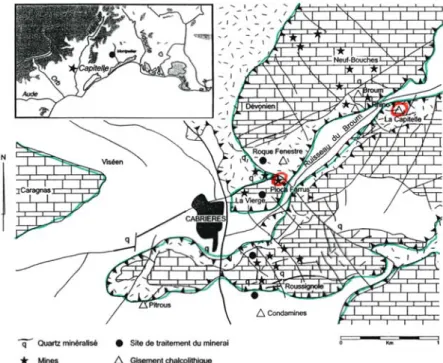 Figure 26.a) : Contexte topographique et géologique du district minier et métallurgique de Cabrières,  d’après [Ambert,  2002]