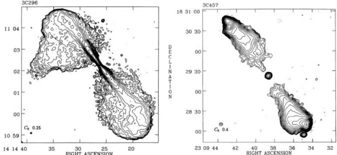 Figure 2: Example of the different morphology observed in radio-galaxies. At the left, the radio image (at 20 cm) of the FR I radio-galaxy 3C296, at the right of the FR II radio-galaxy 3C457
