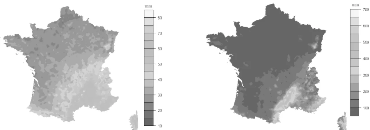 Fig. 1 (a) carte de France du quantile de pluie décennal de cumul 1h et (b) carte de France du quantile de pluie journalier centennal avec la méthode SHYREG pluie