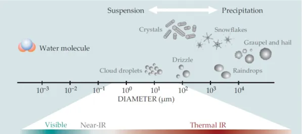 Figure 1.1: Hydrometeors, the condensed forms of water in the atmosphere, come in several sizes
