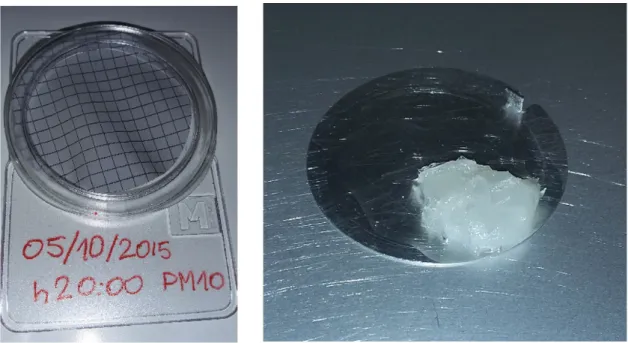 Figure 2.6: Phase 2: pretreatment. A metallic support (at right) is covered with a thin layer of paraﬃn and then the ﬁlter (at left) is superposed onto.