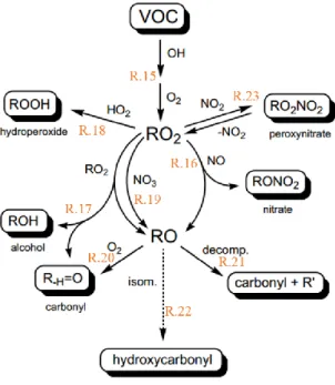 Figure I-11 Simplified pathways for the oxidation of VOC by the radical 