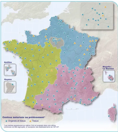 Figure 10. Répartition des centres autorisés au prélèvement d’organes et de  tissus en France 