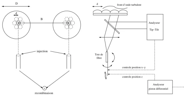 Fig. 2.14: Gauche: Principe de la pupille multifibrée [Guyon (2002)]. Un télescope de dia- dia-mètre D est pavé de sous-pupilles de diamètre d