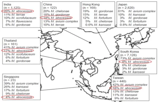 Figure III: Prevalence of M. abscessus in Asian countries from pulmonary specimens   (Simons et al., 2011) 