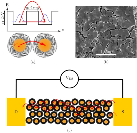 Figure I.9 – (a) Schéma représentant le faible couplage entre les fonctions d’onde (en bleu) de nanocristaux voisins dû à la barrière tunnel du ligand