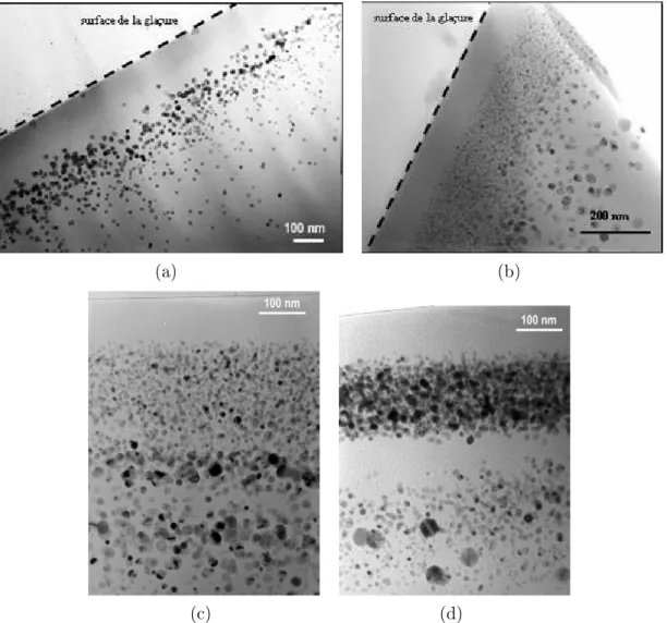 Fig. 1.13  Images de microscopie électronique par transmission (MET) décou- décou-vrant la structure présente à la surface des céramiques lustrées
