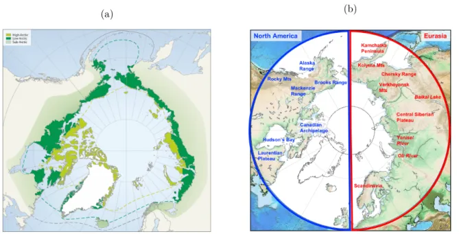 Figure 1.1 – (a) Map of high and low Arctic zones delineated according to the Circumpolar Arctic Vegetation Map (CAVM Team 2003)