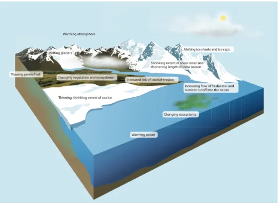 Figure 1.3 – Schematic representation of the components of the Arctic Cryosphere and their associated observed changes caused by global warming (graphic extracted from SWIPA (2011) and has been adapted from an image created by the U.S