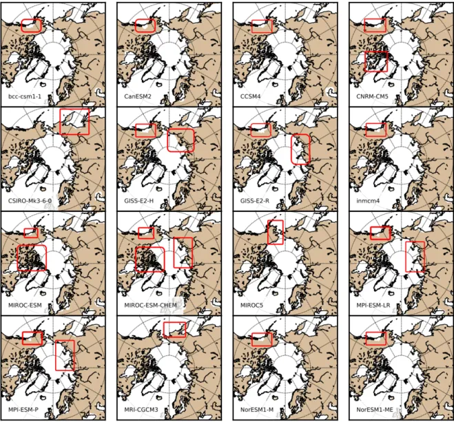 Figure 3.5 – Ice-free land mask for the Arctic domain (50 ◦ N − 90 ◦ N) of each of CMIP5 models from Table 2.1.