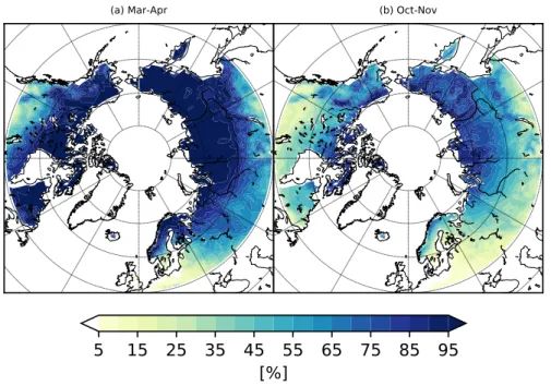 Figure 4.1 – Climatology of snow cover extent in March-April (a) and October-November (b) from the NCEP/CFSR reanalysis over the period 1979-2005.
