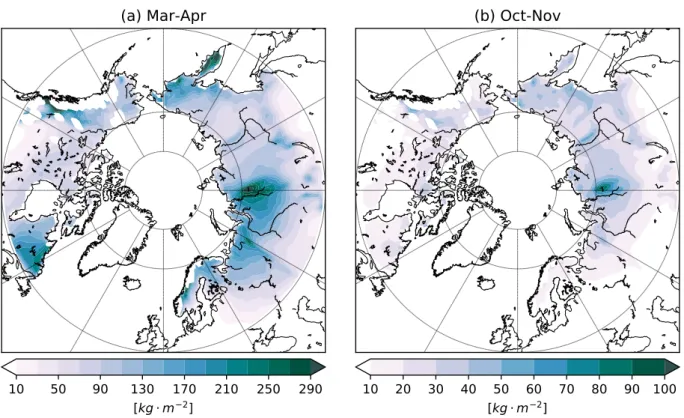 Figure 4.6 – Climatology of snow water equivalent in March-April (a) and October-November (b) from CanSISE product over the period 1981-2005.