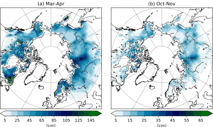 Figure 4.9 – Climatology of snow depth in March-April (a) and October-November (b) of the JRA-55 reanalysis over the period 1979-2005.