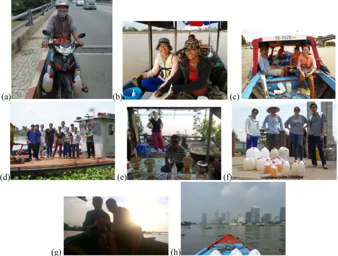 Figure 2-6. Field campaigns photo: bi-monthly campaigns in the middle of bridge and boat (a,  b), diurnal campaign (c, d e), longitudinal campaign ((f, g, h) 