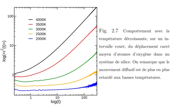 Fig. 2.7 Comportement avec la température décroissante, sur un  in-tervalle court, du déplacement carré moyen d’atomes d’oxygène dans un système de silice