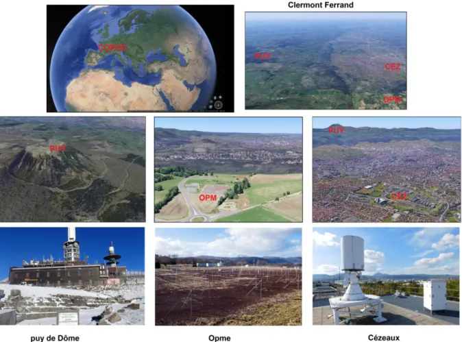 Figure  2.1.  Vues  Google-Earth  permettant  de  localiser  COPDD  en  Europe  (en  haut  à  gauche) et sur l’agglomération de Clermont  Ferrand vue  du sud (en haut à droite), le  puy de Dôme vu de l'ouest (centre gauche), Opme vu du sud (centre) et les 