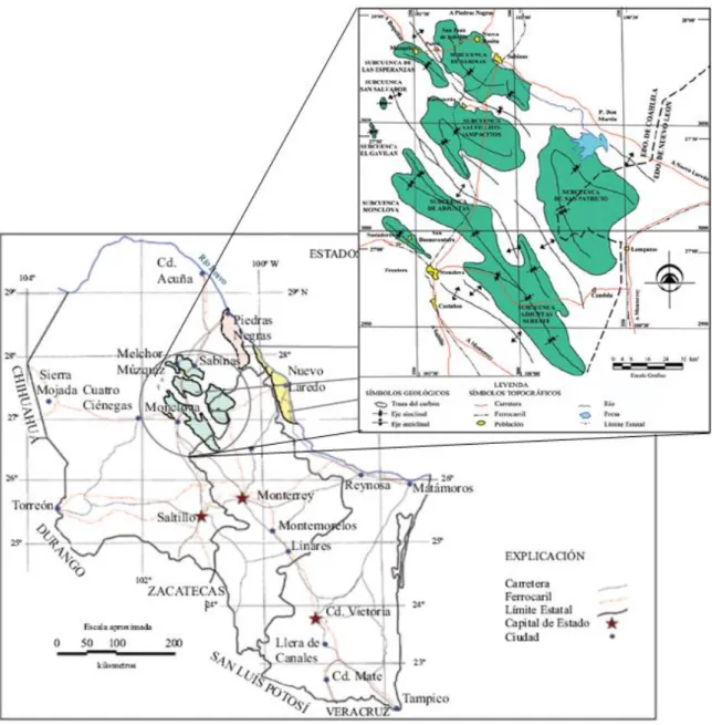 Figura 3: Localización de las cuencas carboníferas de Coahuila, México (Chávez-Cabello, 2005)