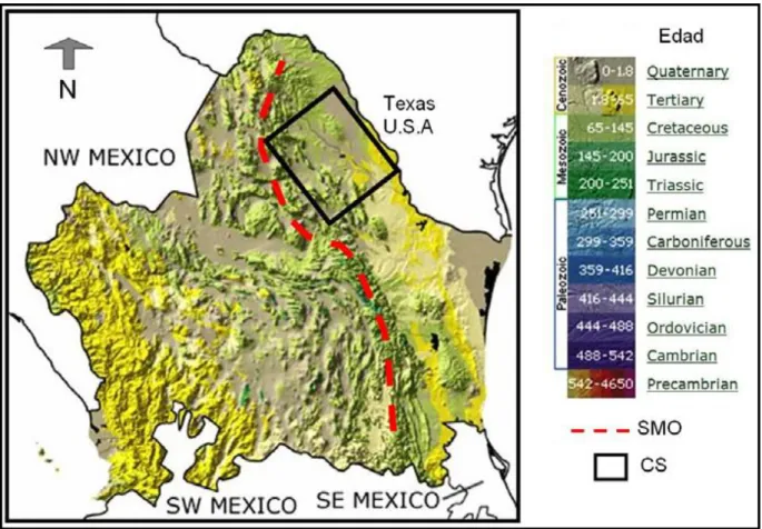 Figura 8. Distribución regional que muestra los relieves y las edades de las rocas que afloran en el noroeste de  México