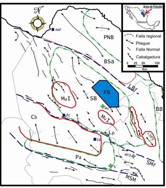 Figura 9. Localización de los sistemas de fallas en la Cuenca de Sabinas. Abreviaciones; A&amp;F, Minas Alicia y Fácil; 