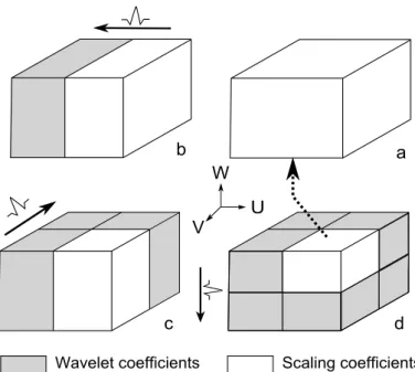 Figure 2.12 – Transform´ee 3D en ondelettes. (a) Coefficients d’´echelle ` a la r´esolution r