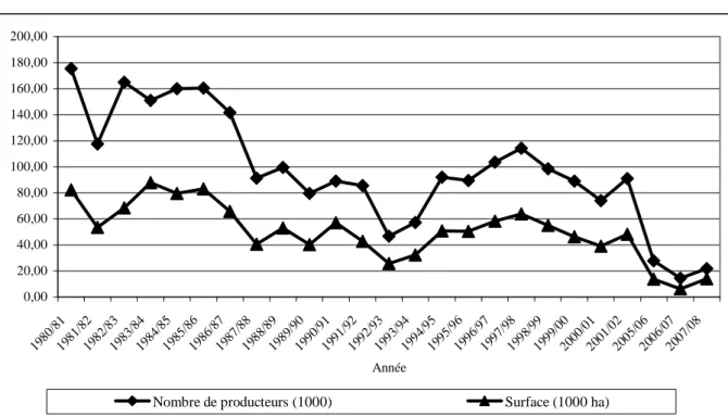Figure 12 : Evolution du nombre des cotonculteurs et superficie de coton (1981-2007) 