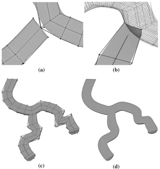Fig. 4 Process to branch two channels. a Extremity of the channel to link is aligned on the main channel