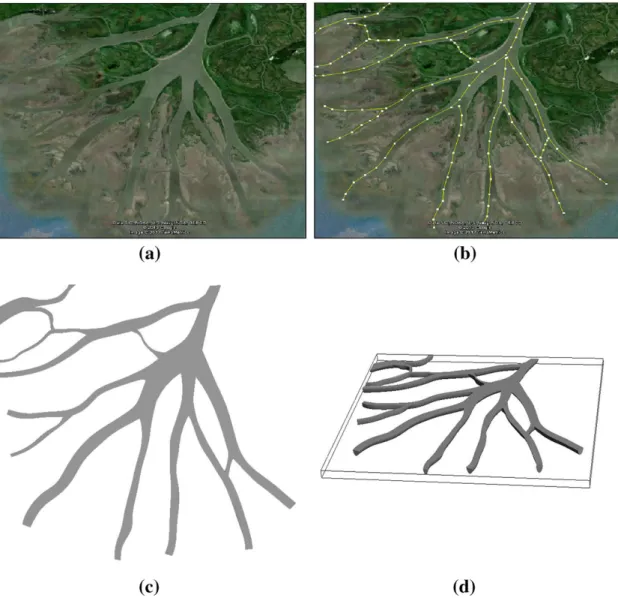 Fig. 5 Application of the channel branching. Process: manual three-dimensional interpretation (with an arbitrary thickness value) of 13 channels on a satellite image of Atchafalaya Delta (Google Earth 2012)