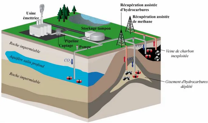 Figure  3 :  Schéma  synthétique  des  principaux  types  de  stockage  géologique  de  CO 2  (aquifère  salin  profond, veine de charbon inexploitée et gisement d’hydrocarbure déplété) 
