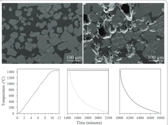 Figure 20: Polished section of the dried CHP gel after a thermal treatment at 1450 °C for 24 h (left) and  100 h (right)