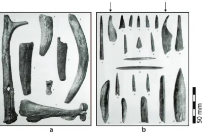 Fig. 1: Aperçu de l’industrie osseuse de Téviec (a: bois decerf et os de poisson,b:os etdent desanglier)(d’après Péquart et  al