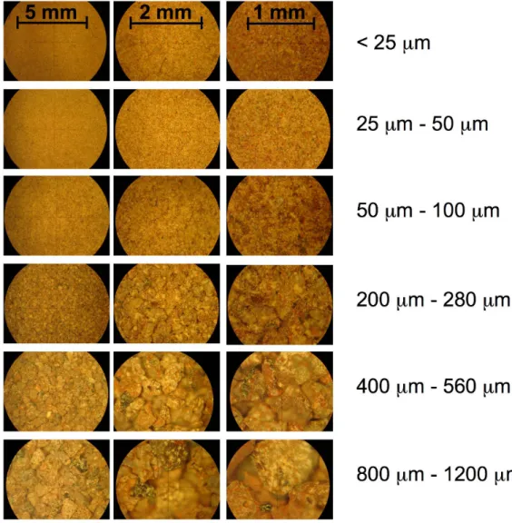 Fig. 4.2: Photographies de six des différentes fractions de tailles de grains du tuff volcanique prises au microscope binoculaire à différents grossissements.
