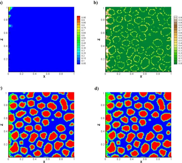 Fig. 12. Simulation results for Pe  =  0  .  001  , Da  =  100  . (a) substrate concentration ﬁeld at t   =  1  , (b) biomass concentration ﬁeld at t   =  1  , (c) medium geometry at t   =  1  ,  (d) medium  geometry  at  t  =  2  