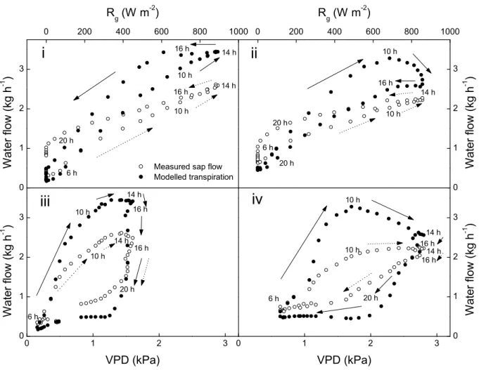 Fig. 9. Hysteris patterns of sap flow and transpiration versus solar radiation (R g ) (i and ii) and versus vapour pressure deficit (VPD) (iii and iv) for pine #23 on 9 June and 20 June (2000), respectively.