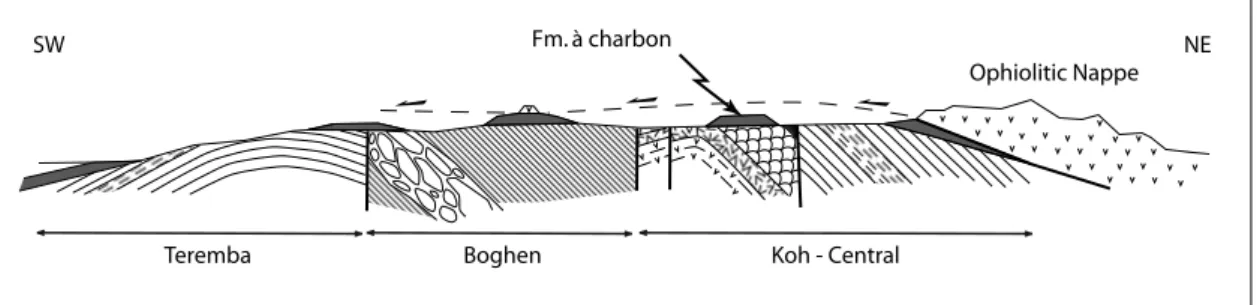 Figure 2: Very simplified cross section of New Caledonia to show the pre-Late Cretaceous terranes overlain by the unconformable “Formation à charbon”