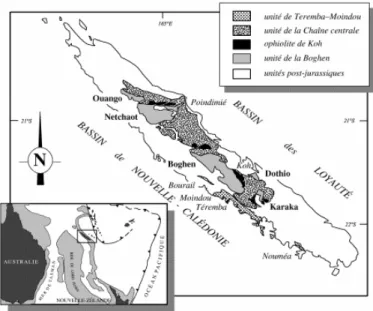 Figure 1. Schéma géologique de l'ensemble anté-Sénonien de Nouvelle-Calédonie et localisation des principaux  massifs de l'unité de la Boghen (en caractères gras)