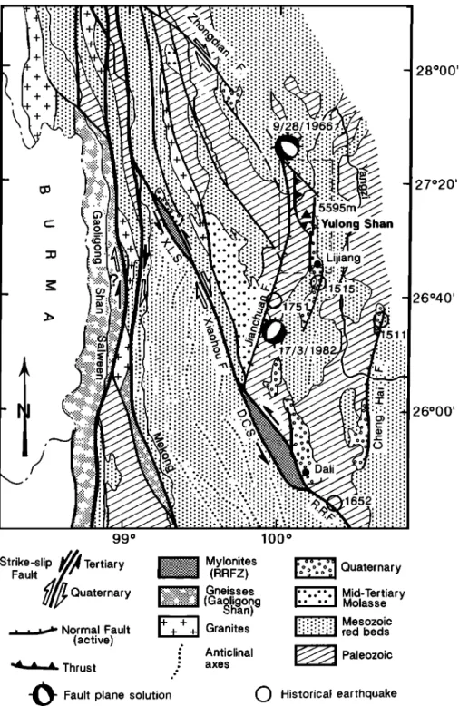 Figure lb.  Simplified structural  sketch  map of northern  Yunnan after Leloup et al