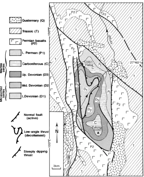 Figure  2.  Simplified  geological sketch map of  Yulong  Shan, modified after  1'500,000  geologic map  of  Yunnan [ Geological Bureau of Yunnan  Province, 1979]