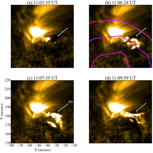 Fig. 4. Evolution of the solar jet observed on 9 July 2013 as seen at four separate times in the AIA 171 Å channel
