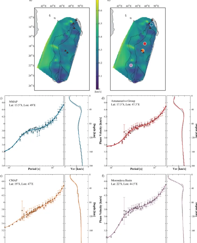 Fig. 5. Maps of RMS shear-velocity between observed and modeled dispersion for both the initial smooth inversion (a) and the secondary inversion that includes a Moho discontinuity at 4.125 km/s (b)