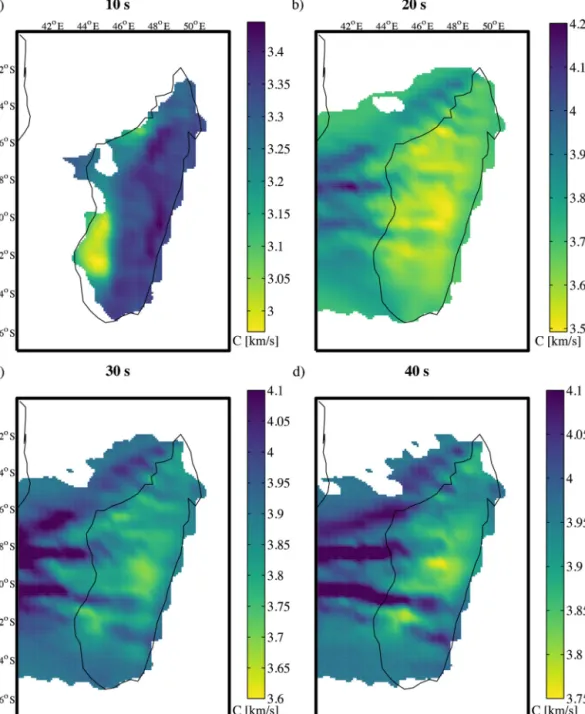 Fig. 2. Phase-velocity maps produced from the ANT method. Values are omitted where spatial resolution exceeds 200 km