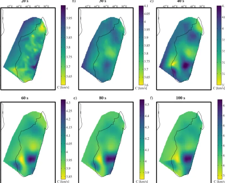Fig. 3. Phase-velocity maps produced by the ASWMS method. These periods are mainly sensitive to the lower-crust and mantle velocity structure and show low-velocity regions that correlate well with the intraplate volcanism