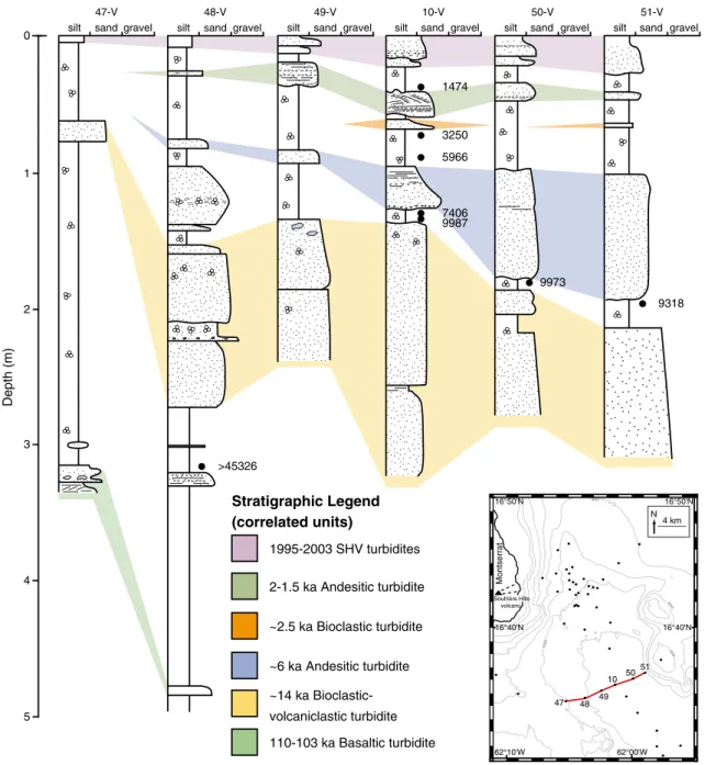 Figure 5. Correlated stratigraphic logs showing a transect through the central Bouillante-Montserrat graben, perpen- perpen-dicular to the longitudinal graben axis