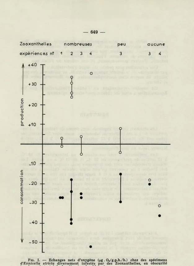 FIG .  I.  —  Echanges  nets  d'oxygène  (p.g  .  02 /g.p.h./h.)  chez  des  spécimens  d'Evnicella  stricta  diversement  infestés  par  des  Zooxanthelles,  en  obscurité  (cercles  noirs)  et  à  la  lumière  (cercles  blancs)