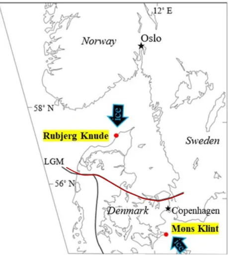 Figure 1.   Locations of the two glacitectonic complexes. Black line indicates the “Main 930  Stationary Line,” i.e., the extent of the Scandinavian Ice Sheet during the last glacial 